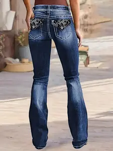 Micro Embroidered Stretch Jeans - Comfortable Soft Breathable Casual Denim for Women's Wear with Micro Embroidery and Stretch Material