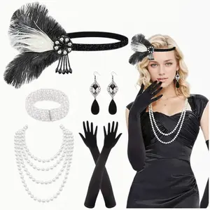 7 Pieces 1920s Gatsby Flapper Accessories Set, Black Feather Headband, Pearl Necklace, Long Gloves, Crystal Bracelet and Drop Earrings