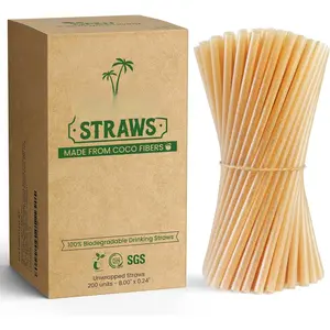 Biodegradable Coconut Straws Set 200 - Disposable, Plastic Free, Ecofriendly Coco Fiber Drinking Straws Bulk for Cold and Hot Beverages,  and Restaurant