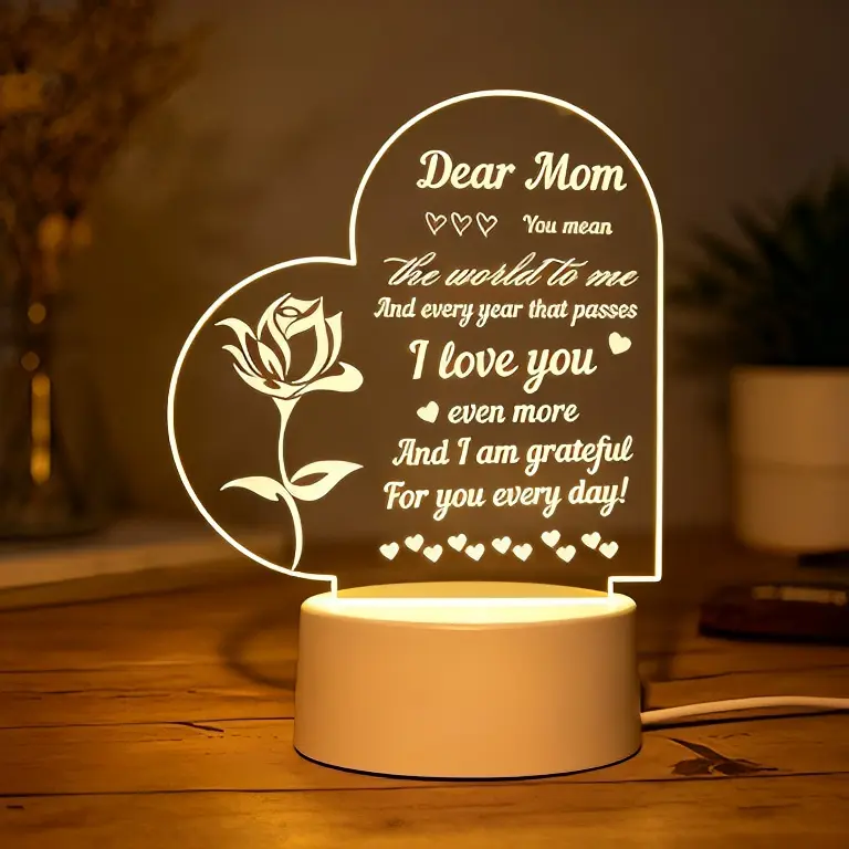 Double Heart 2D Engraved Acrylic LED Night Light for Mom, Rose & Loving Quote Lamp, Sentimental Mother’s Day Birthday Christmas Gift for Mother Mommy, USB Warm Light Bedroom Vanity Decor, Heartfelt Keepsake Present from Daughter Son Kids