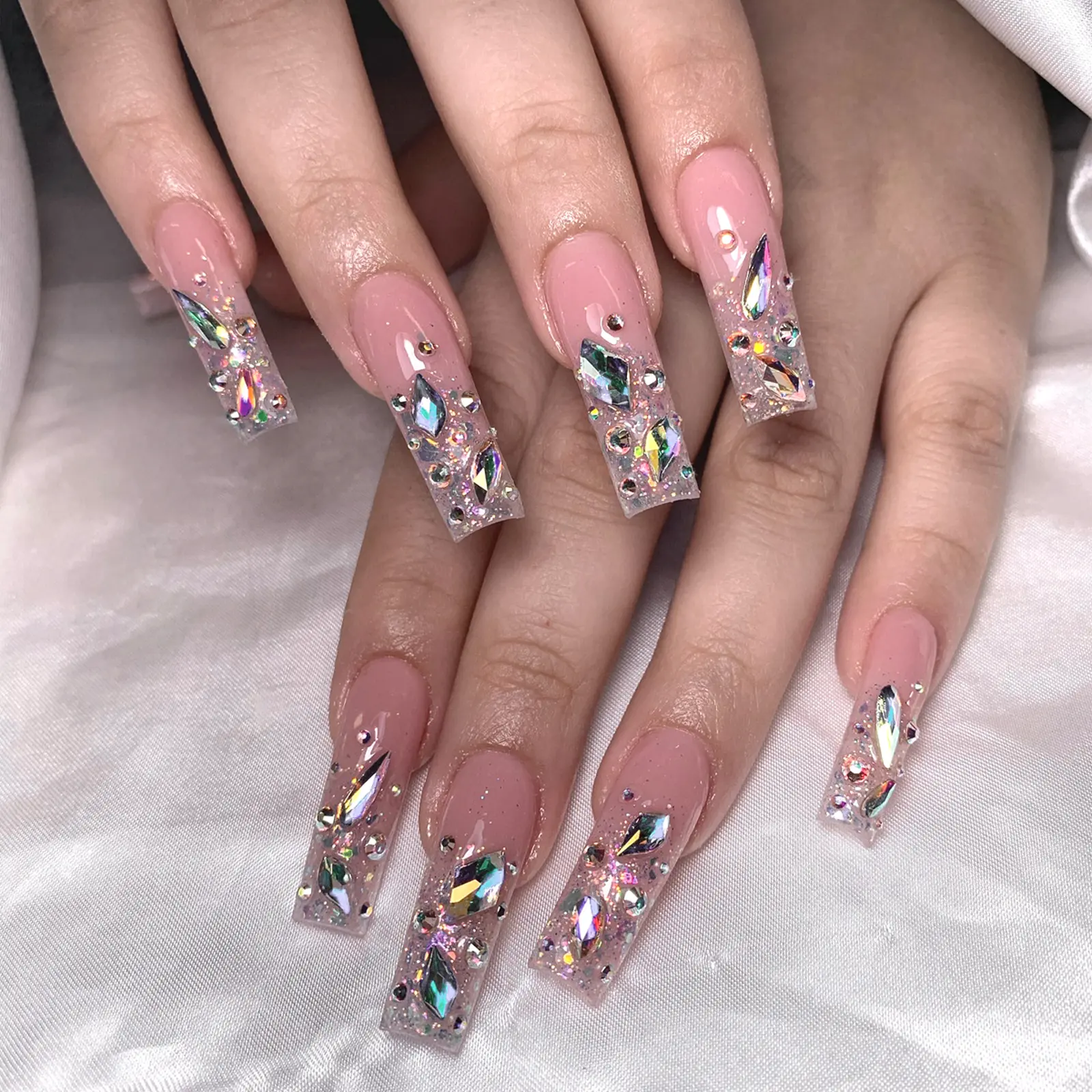 24pcs Press-On Nail Wraps, Stick On Nails, Long Rectangle Glossy False Nails, Glitter Decorative Nails, French Nail Art Glitter Design, Easy Application, Perfect for Daily Use, Glittering Fake Nails, Glossy Fake Nails