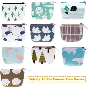 10PCS Canvas Card Holders and Coin Purses, Zipper Closure with Cute Patterns, Ideal for Holding Bus Cards, Credit Cards, and Coins; Easy To Carry