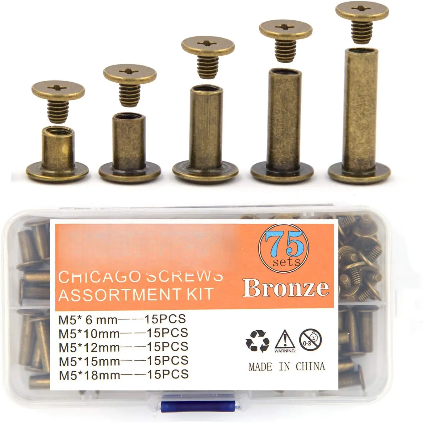 75 Sets Chicago Screws Assorted Kit 5 Sizes Bronze Leather Rivets Screw Rivets Slotted Phillip  Book Binding Posts  Rivet Chicago  for DIY Leather Craft Bookbinding (5 x 6,10,12,15,18)