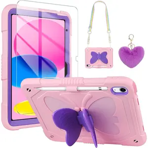 Z-PCS12 for iPad 10th Generation Case 10.9 inch 2022 for iPad A16 Case 11 inch 2025 with Screen Protector/Butterfly Kickstand/Lanyard/Keychain Rugged Cases Pencil Holder Girls Kids Cover Pink Purple