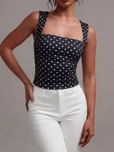 Women's Polka Dot Backless Sleeveless Short Strap Top, Fit, Bodycon, Elegant Waist Cinch Design, Stylish Summer Fashion, Perfect for Casual Wear
