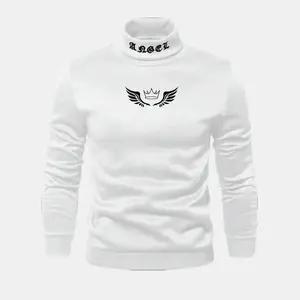YAEEM SHOP Men's White Turtleneck Sweatshirt Casual Wing Print Long Sleeve High Neck 100% Polyester Spring Fall Fabric Regular Fit Slight Stretch Pullover Menswear Hem Hoodie Tops Cotton