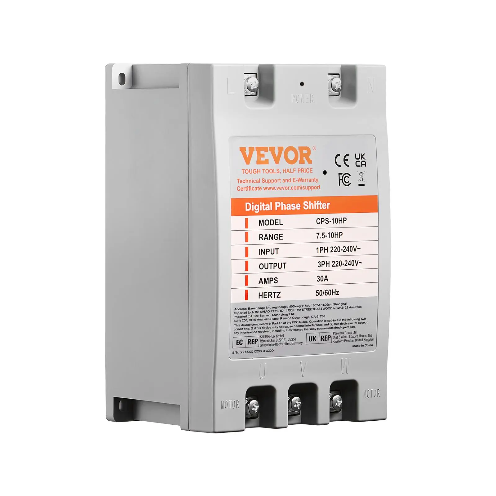 【toolupgrade】VEVOR Compact Plug-and-Play 10HP 30A Digital Phase Converter - 220V-240V Single to 3 Phase Single Unit (9.8" x 5.9" x 5.3") for Residential Use (1 Converter for 1 Motor Only)