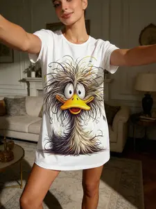 Cute Duck Print Short Sleeve Round Neck Sleepwear for Women, Casual Loose-Fitting Homeewear, All Seasons Comfortable Nightgown, Round Neck Nightdress