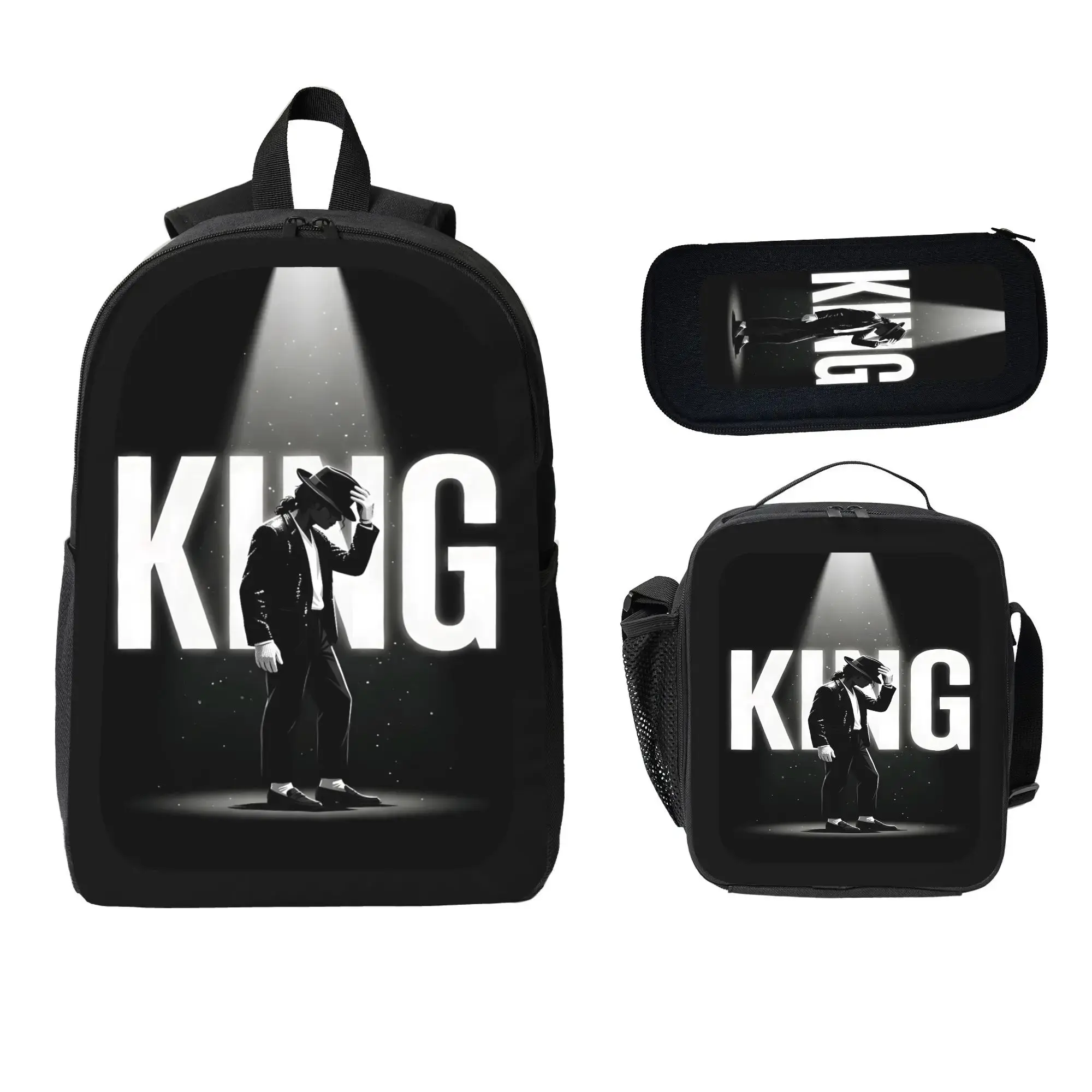 Michael Jackson King of Pop Printed 3-Piece Backpack Set, Black White Aesthetic Music School Backpack with Lunch Box and Pencil Case, Lightweight Durable Bookbag Teens Men Gift