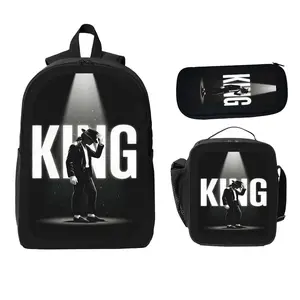 Michael Jackson King of Pop Printed 3-Piece Backpack Set, Black White Aesthetic Music School Backpack with Lunch Box and Pencil Case, Lightweight Durable Bookbag Teens Men Gift