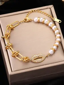 1Pcs Stainless Steel Metal Knot Charm Bracelet For Women Fashion Non-fading Sexy Lips Imitation Pearl Wrist Jewelry Bracelets Jewelry Wedding Gifts Exquisite Trendy Bracelet