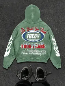 Heavyweight Distressed Graphic Hoodie with Flame Sleeve Print | Retro American High Street Boxy Sweatshirt | Premium  Hooded Top for Grunge & Indie Aesthetic