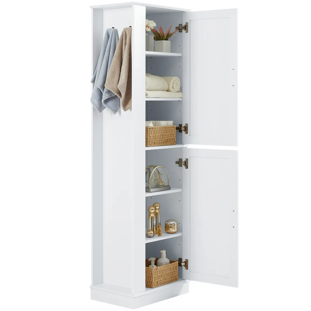 21*14*68 Inch White MDF Bathroom Storage Cabinet 2 Doors Adjustable Shelves 80LBS Total Capacity Side Metal Hook Anti-Toppling Design Freestanding Tall Cabinet for Bathroom Laundry Room Easy Assembly, Classic Tall Cupboards, Configurable Tall Cupboards