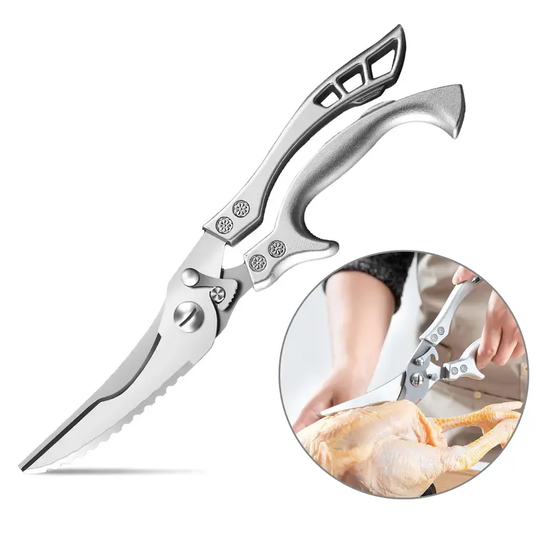 Stainless Steel Poultry Shears Cutter with Thick Full Steel Handle - Rustproof, Durable, Brass Spring-Loaded Kitchen Scissors, Left-Right Grip, Ergonomic Seahorse Curve, Serrated Bone Cutting, Open-Close Lock, Easy to Disinfect and Clean, Sheath Included