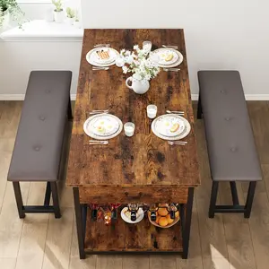Rectangular 4-Seat Compact MDF Wood 4-Person Dining Table Set with Comfortable Durable Upholstered Bench, Storage Drawers and Rustic Brown Finish