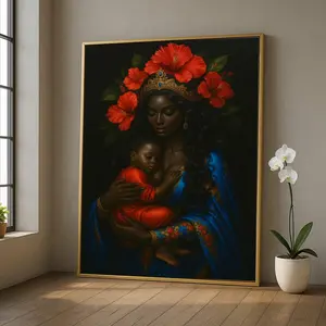 Elegant Motherhood Poster, Blue and Red Floral Crown, African Royalty Wall Art, Mother and Child Embrace, Home Decor Artwork, Room Decor, Unframed