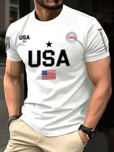 Men's Short Sleeve 3D T-Shirt, American Flag Print, Casual Slim Fit, Summer Party Wear, Fashion Trendy Couple Top, Athletic Leisure Clothing