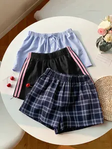 3-Pack Summer Shorts, Loose Fit Plaid & Striped Casual Pants, Elastic Waist, Ideal for Daily Wear, Travel, Campus Fashion