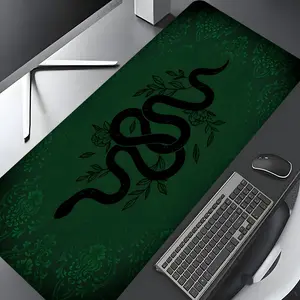 Green Floral Black Snake Vintage Large Gaming Mouse Pad, Office Desk Accessories Desktop Accessory Non-Slip Rubber Base Stitched Edge Desk Pad For Desk Laptop Desktop For Home Office Game Gift for Friends Women
