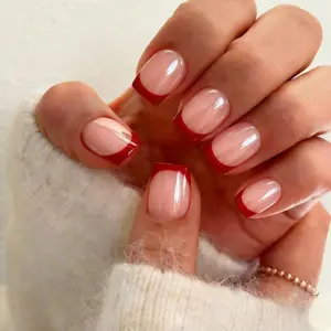 Press On Nails Short - Square French Tip Press On Nails with Glue, Natural Nude Fake Nails in 15 Sizes - 30 Soft Gel Glue on Nails Kit for Women, Supremely Fit, Elegant Red French