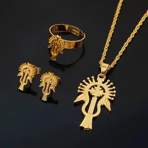 24KGP Timeless Traditional Ethiopian-Eritrean Lalibela Cross 3pc Jewelry Set, Rope Chain Pendant with Matching Earrings & Ring (Meskel)