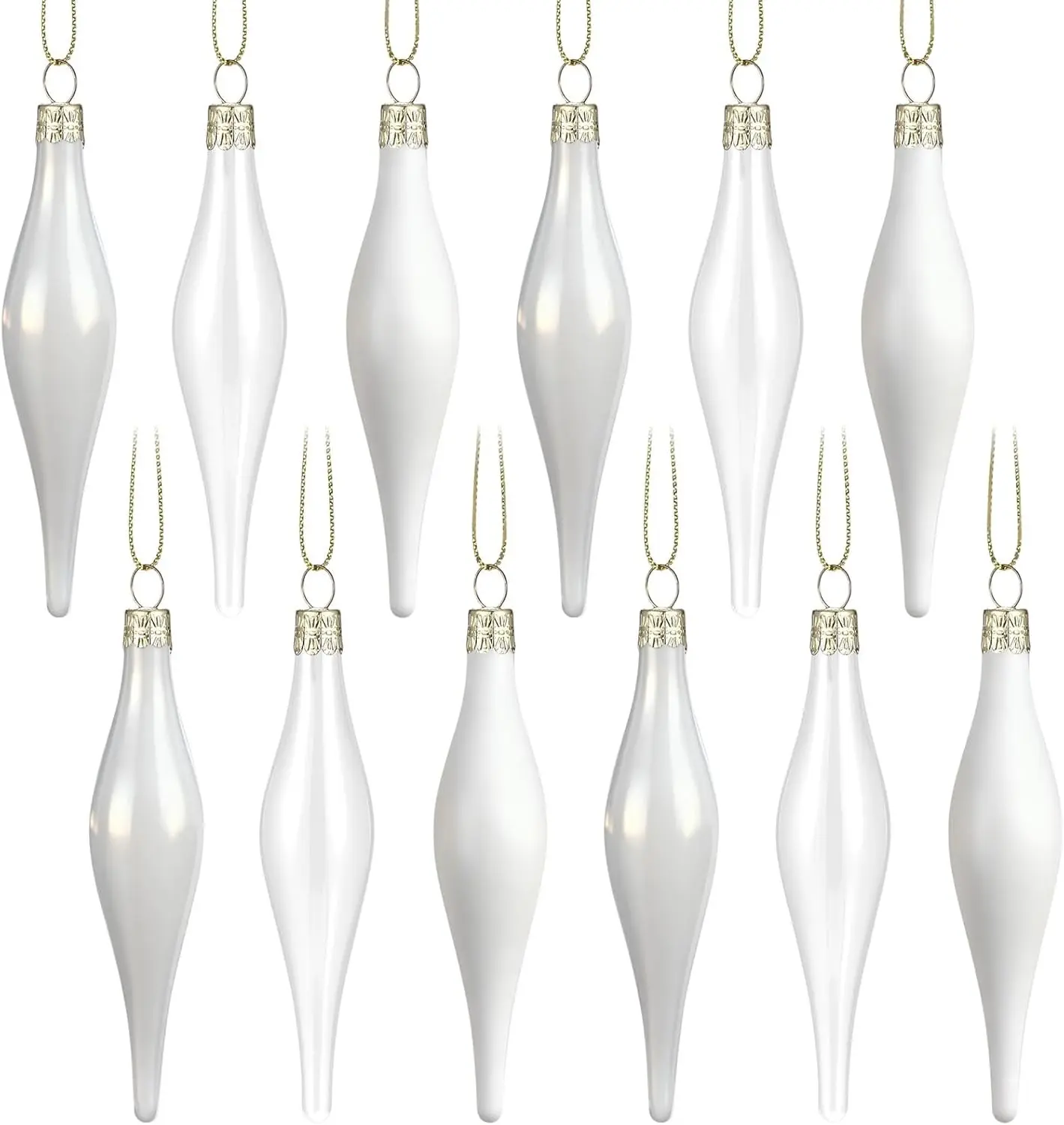 12 Pcs Glass Teardrop Christmas Ornaments 4.72 Inch Luxury Set Matte Glossy & Transparent Glass Baubles for Xmas Tree Holiday Decorations (White)
