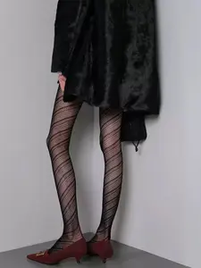 Women's Sexy Floral Patterned Tights, Burgundy Wavy Striped Fishnet Pantyhose, High Waist Gothic Hosiery for Party Office
