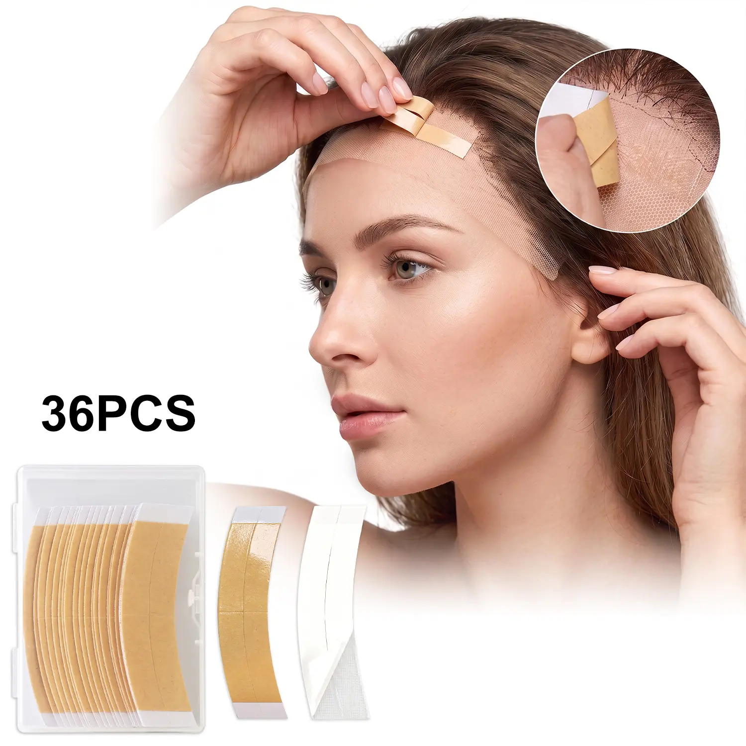 36PCS Pre-Cut Wig Tape Strips, Transparent Mesh Double-Sided Adhesive Tape for Lace Front Wigs, Toupees & Hair Systems, Curved Contour Hairpiece Tape, Easy Apply Secure Hold with Storage Case