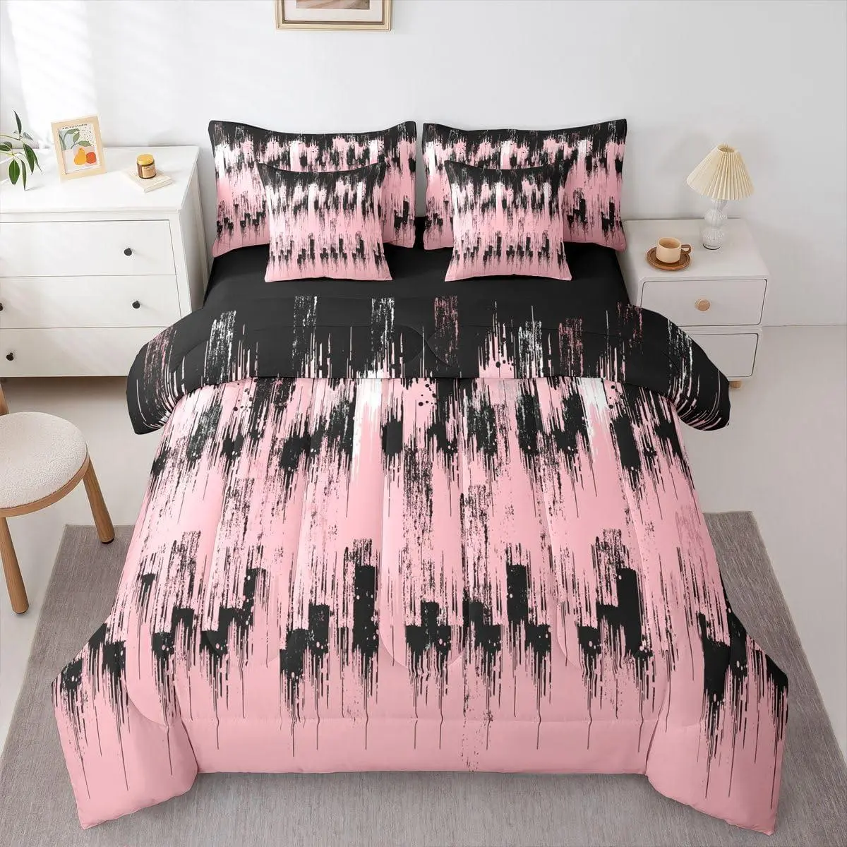 Feelyou 7-Piece Microfiber Complete Comfy Bedding Set - Soft, Contemporary, Multi-Size for Teens, White Black Pink Oil Painting Ombre, Terracotta Geometric, Abstract Art Aesthetic, Bedding Sets Collections