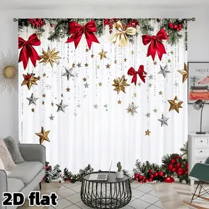 2D Flat 2Pcs Christmas Curtains Red Bow Gold Silver Stars Pattern Semi Sheer White Polyester Window Treatment Pine Leaves Berries Design Rod Pocket Holiday Decor Suitable for Living Room Bedroom Kitchen Study Balcony Home Decoration Curtain