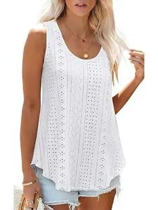 Women's Sleeveless Eyelid Embroidery Scoop Neck Top Camisole Tops, Elegant Casual Chic Sleeveless Top, Loose Fit Fall Fashion, Flowy Design for Comfortable Wear
