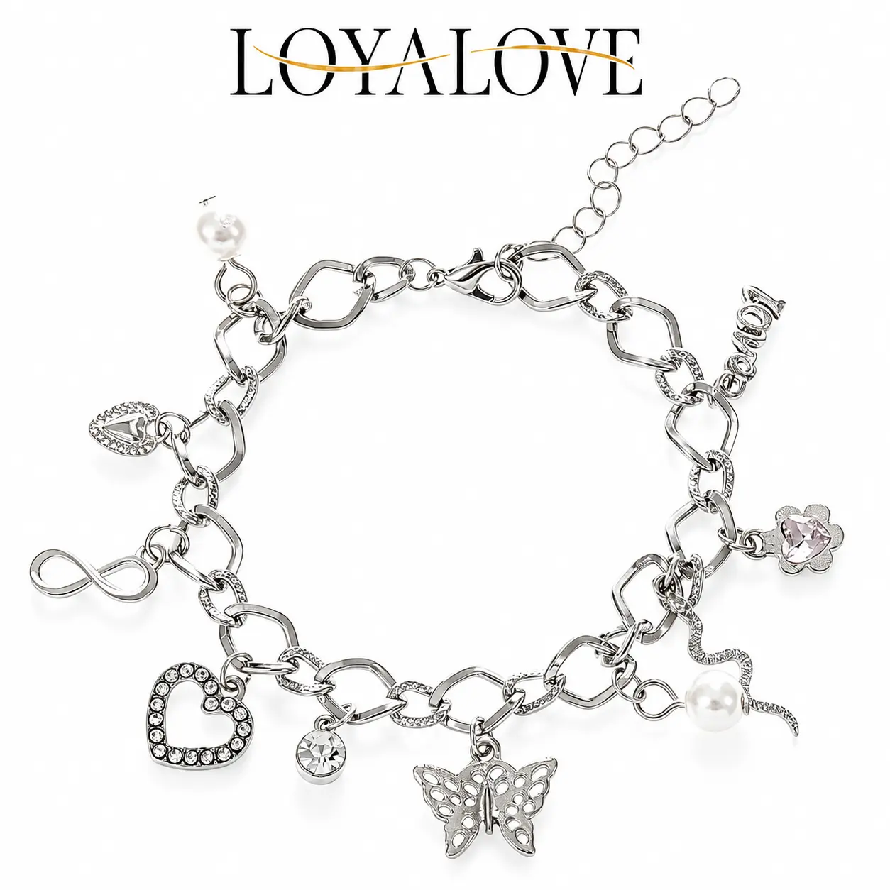 LOYALOVE Silver Charm Bracelet for Women, Cute CZ Heart Pearl Butterfly Bracelet, Y2K Dainty Jewelry with Pink Heart Flower & Snake Charms, Aesthetic Gift for Her