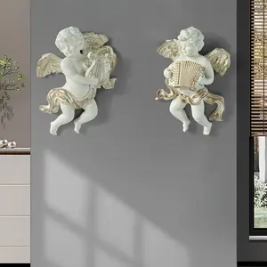 2pcs Resin Vintage Angels Wall Decor, Classic Cherub Figures with Instruments for Home & Living Room Hanging Artwork
