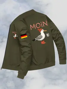 Men's Casual Baseball Jacket, German Flag Design, Back Pigeon Pattern, Zipper Closure, Versatile Outerwear