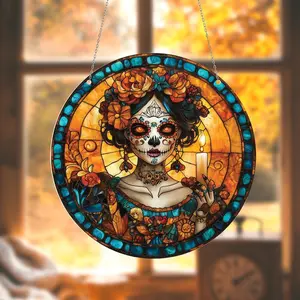 La Catrina Dia de los Muertos Decor Acrylic Suncatcher, Water Ripple Effect Holiday Window Hanging Mom Gift Halloween Decor