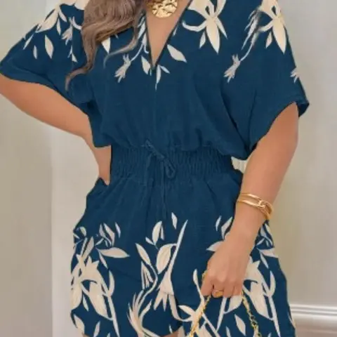 Cute Print Romper Women's Fashion Beach Casual V-Neck One-Piece, Comfortable Waist Cinch Short Pants, Breathable and Stylish, Tropical Print Jumpsuit