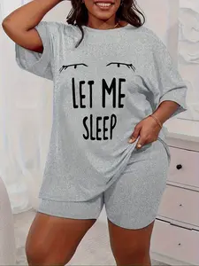【Plus Size】 Letter Print Tee & Shorts Pyjama Set, Casual Comfy Short Sleeve T-shirt & Shorts PJ Set, Women's Sleepwear for Summer, Pajama Sets Women