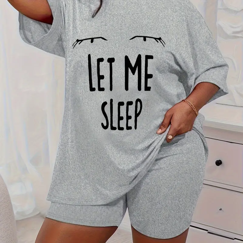 【Black Friday】Plus Size Letter Print Tee & Shorts Pajama Set, Casual Comfy Short Sleeve T-shirt & Shorts PJ Set, Women's Sleepwear for Summer, Casual Loungewear, Homewear for Women