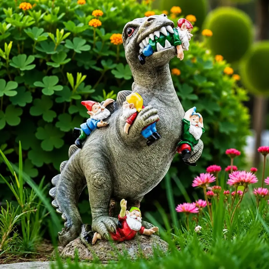 Funny Dinosaur Eating Gnomes Garden Statue - T-Rex Kaiju Figurine, Outdoor Yd Lawn Art Decoration, Whimsical Cottagecore Patio Porch Ornament, Housewarming Birthday Gift For Adults