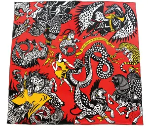 Age of Accessories Scarf 36x36" Silk Polka Dot Fantasy with Dragons & Damsel Gift for Her Theatrical Luxury Hand Rolled Hem Art Quality Print