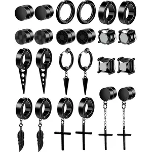 12 Pairs Black  Earrings: Clip , Hoop & Dangle Designs - Non- Set for Men & Women