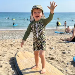 Toddler Baby Boy Rash Guard Swimsuit with Hat 2 Pcs Set Camouflage Half Zip Up Long Sleeve Swimwears