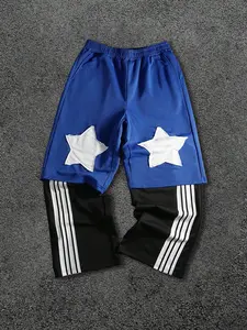 Men's Blue Black Star Patch Track Pants, Y2K Streetwear Two Tone Striped Casual Joggers