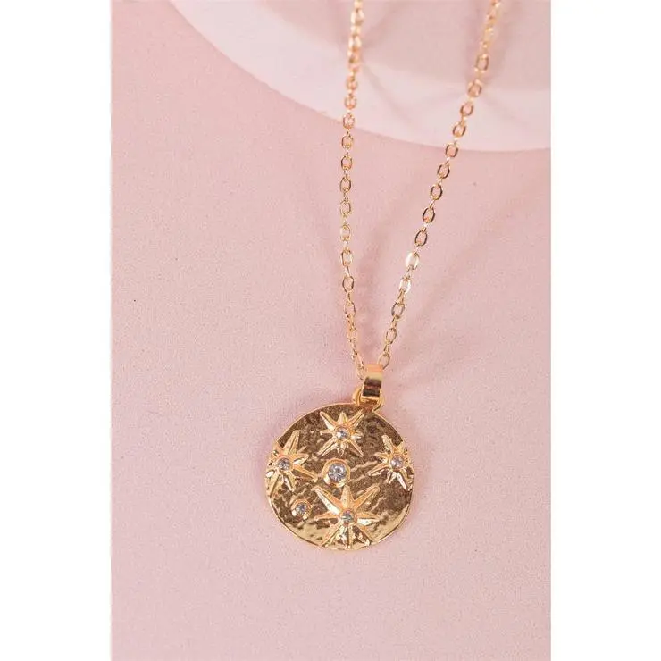 "Night Sky" Gold Chain Stars Circle Crystals Necklace