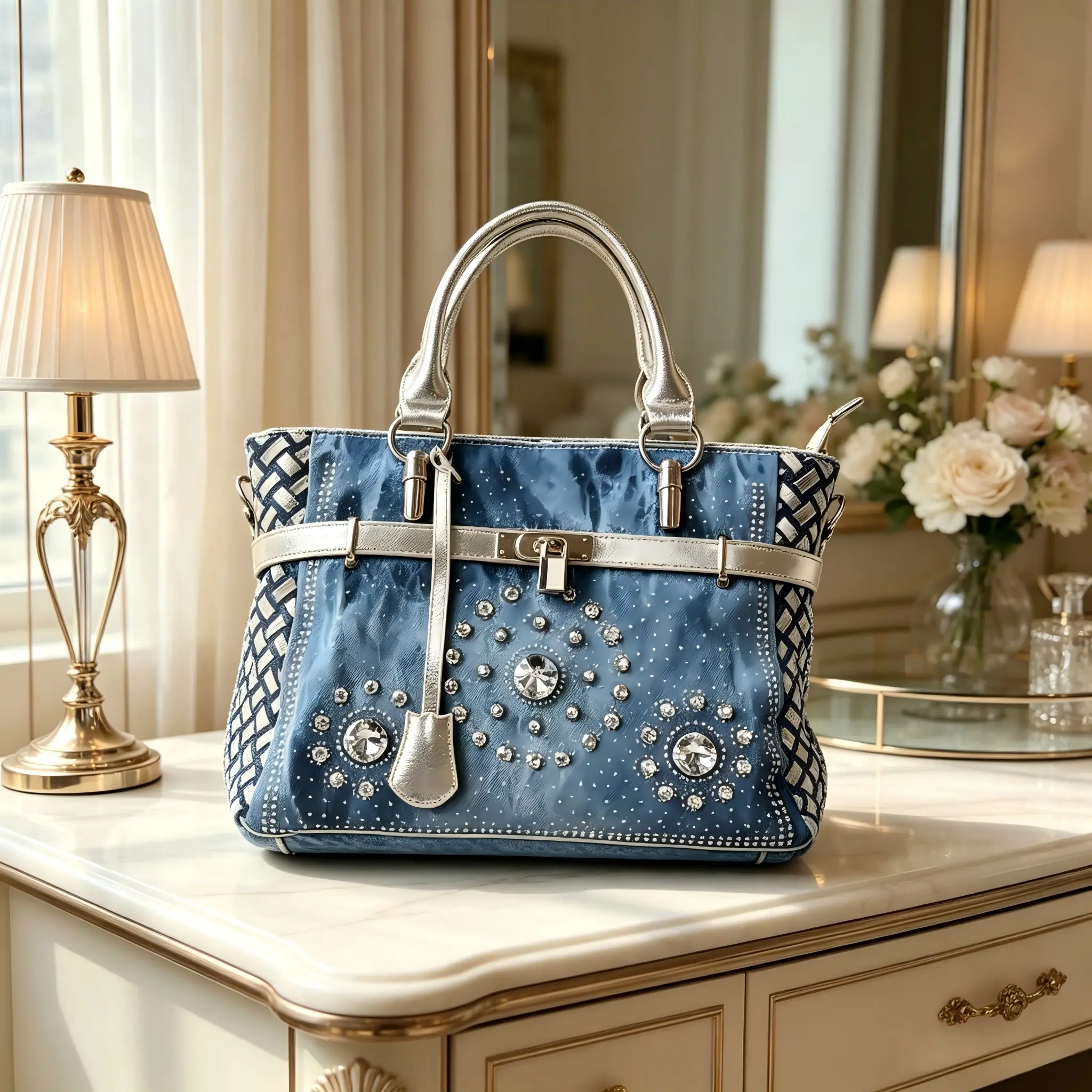 Luxury Denim Daisy Rhinestone Tote Bag