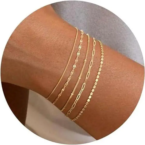 Tewiky 14K Gold Plated Bracelet For Women ,5 pieces Stackable Bracelets for Women Trendy Bracelet Stack Set Waterproof Chain Bracelets Paperclip Adjustable Tennis Minimalist Tiny Cute Jewelry, matching bracelets ,Valentine's day gift Non Tarnish