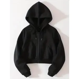 [Long Sleeve Pocket Sweatshirt Top] Solid Drawstring Zip Up Thermal Lined Crop Hoodie Sweatshirt, Long Sleeve Pocket Front Sweatshirt, Women's Tops