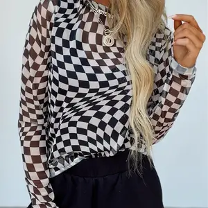 Black Checkered Pattern Mesh Mock Neck Long Sleeve Top