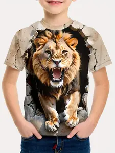 Bold Lion Print T-Shirt for Kids, Summer Fashion 3D Digital Print, Graphic Fashion Tee, Casual Fitted Long Sleeve, Perfect for Daily Wear and Outdoor Sports