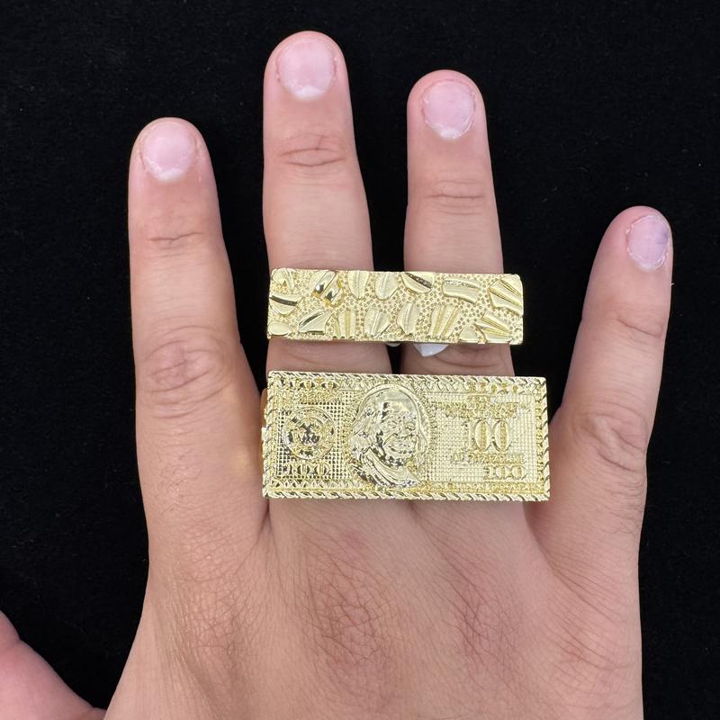 2 Finger Rings 100 Dollar Ring Nugget Double Ring 14k Plated Double-Finger Ring Men's Hip-Hop Fashion
